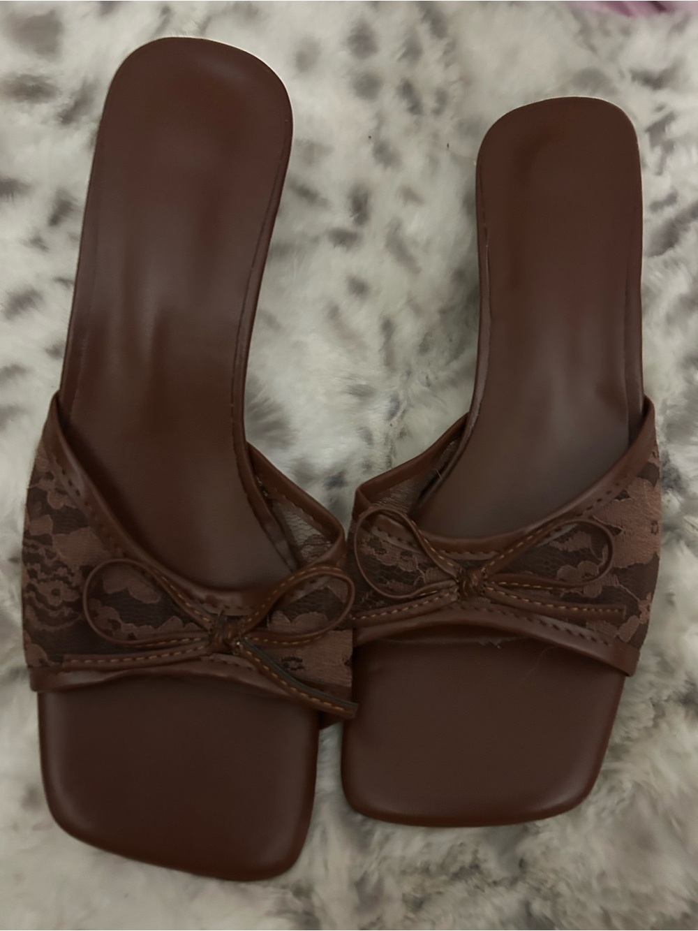 Brown Lace Bow Slide Sandals for Women